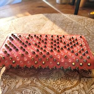 Christian Louboutin Pink Leather Studded Long Panettone Zip Wallet